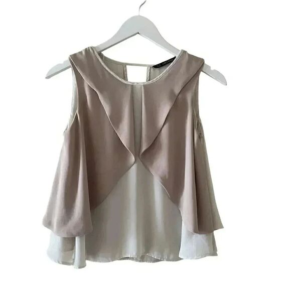 Zara Beige Tan Flutter Flowy Keyhole Closure Flowy Women’s Blouse SZ XS #1692 - Picture 1 of 12